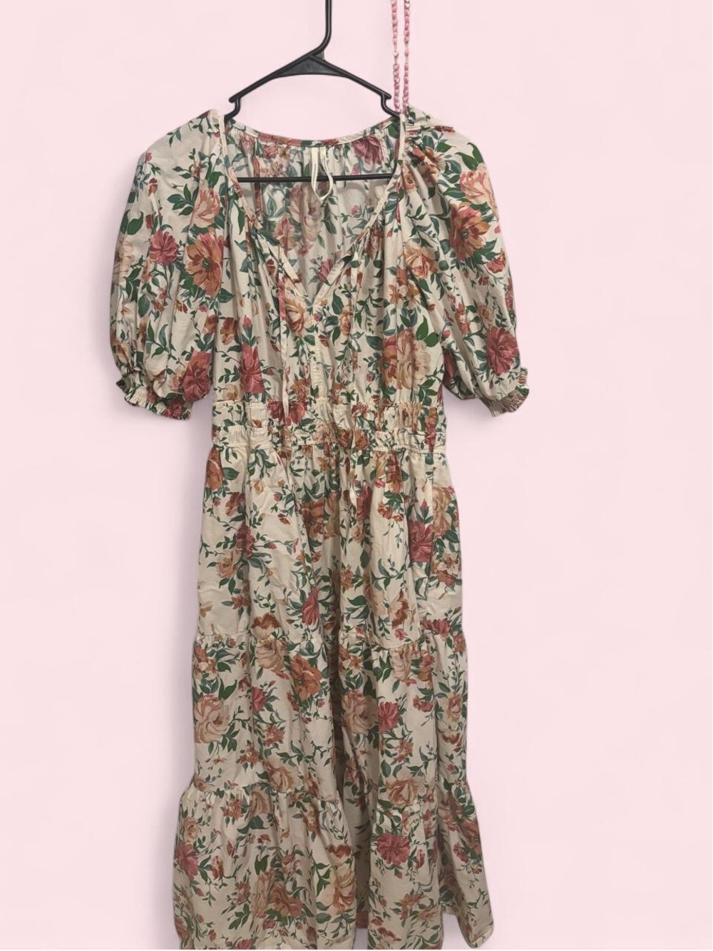 Anthropologie Floral Midi Dress in Cream, Green, Pink